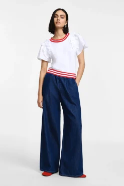 Jeans a gamba larga con elastico a righe