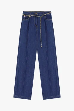 Jeans a gamba larga con vita alta e piega