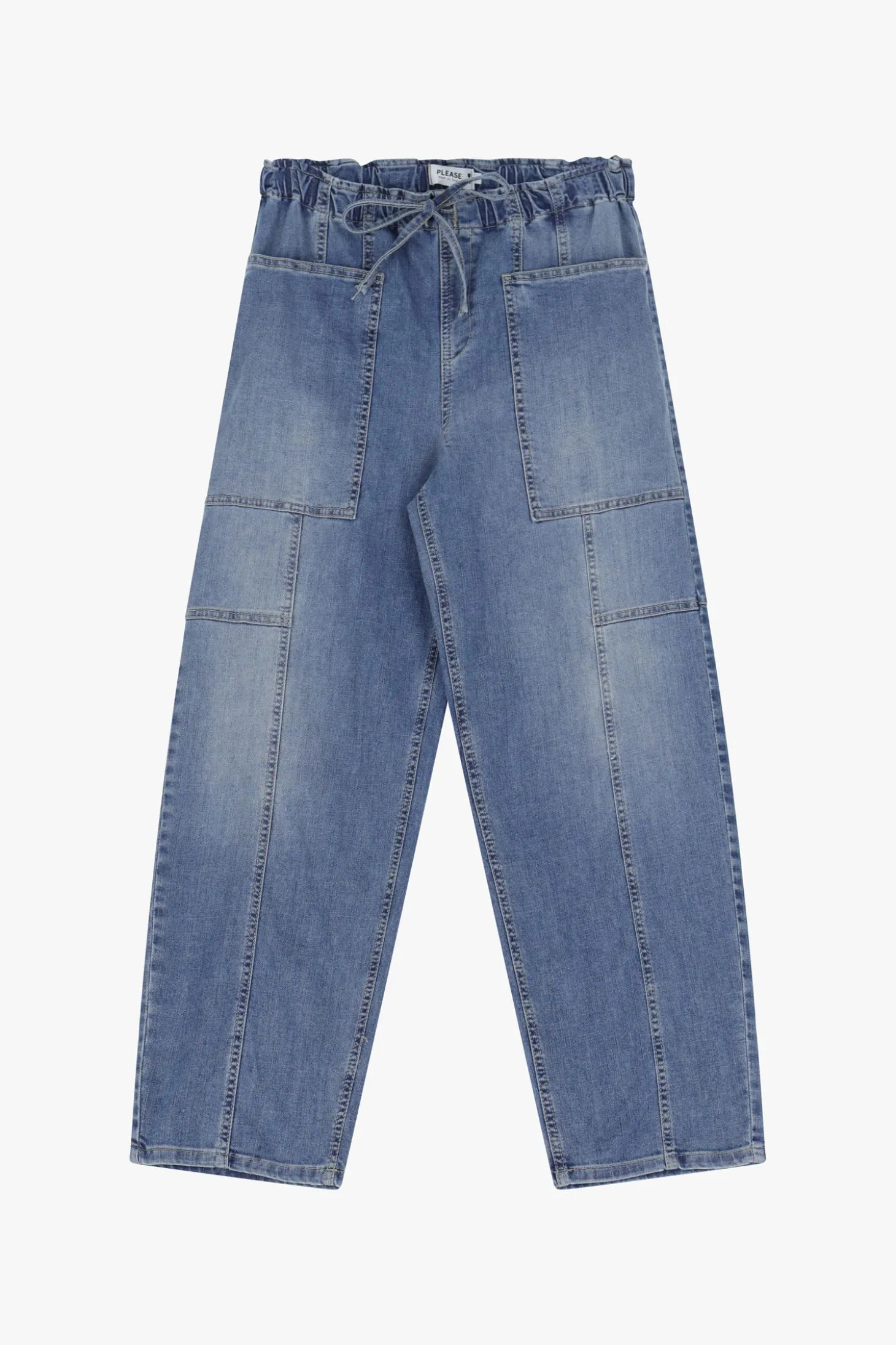 Jeans ampi paperbag con cuciture