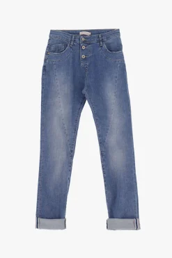 Jeans slim-fit effetto délavé con chiusura laterale e cuciture dettaglio